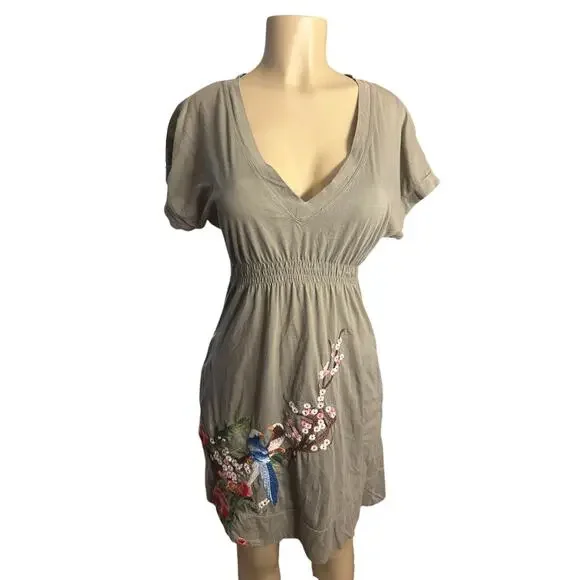 Women M Johnny Was JWLA V-Neck Embroidered Floral Bird Green Cotton Tunic Dress - Picture 2 of 8